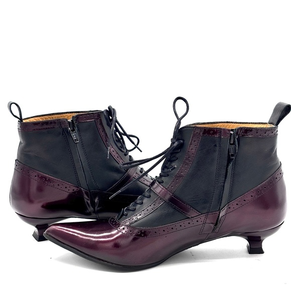 John Fluevog The Bronte Burgundy Black Leather Ankle Boots - Picture 5 of 8